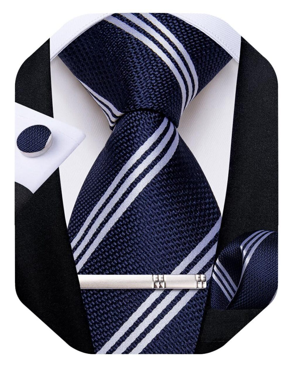 6563 Striped Tie Silk Woven Necktie and Pocket Square Cufflinks Tie Clip